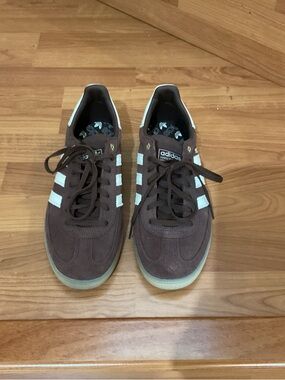 adidas brown suede sneakers with white stripes